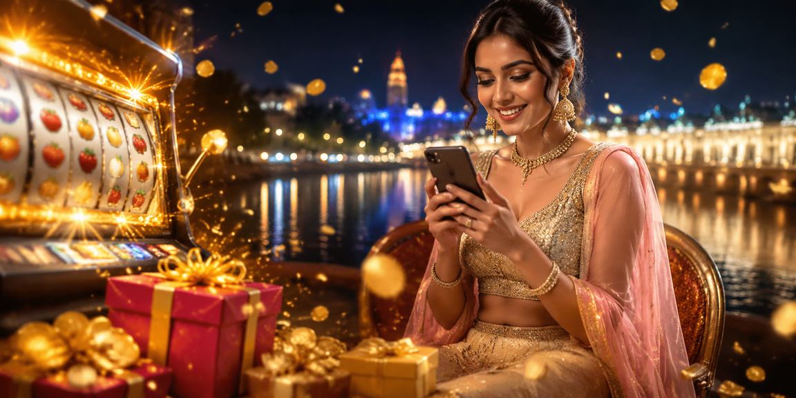 Elegant woman playing slot game on mobile in Ahmedabad